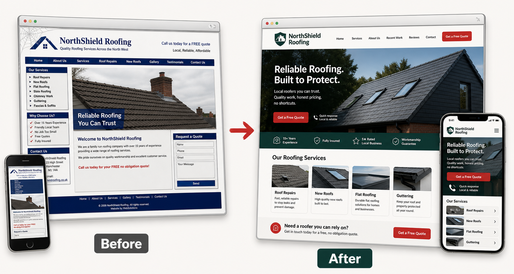 Before and after comparison showing an old NorthShield Roofing desktop website and tiny mobile view transformed into a modern desktop website and responsive mobile site.