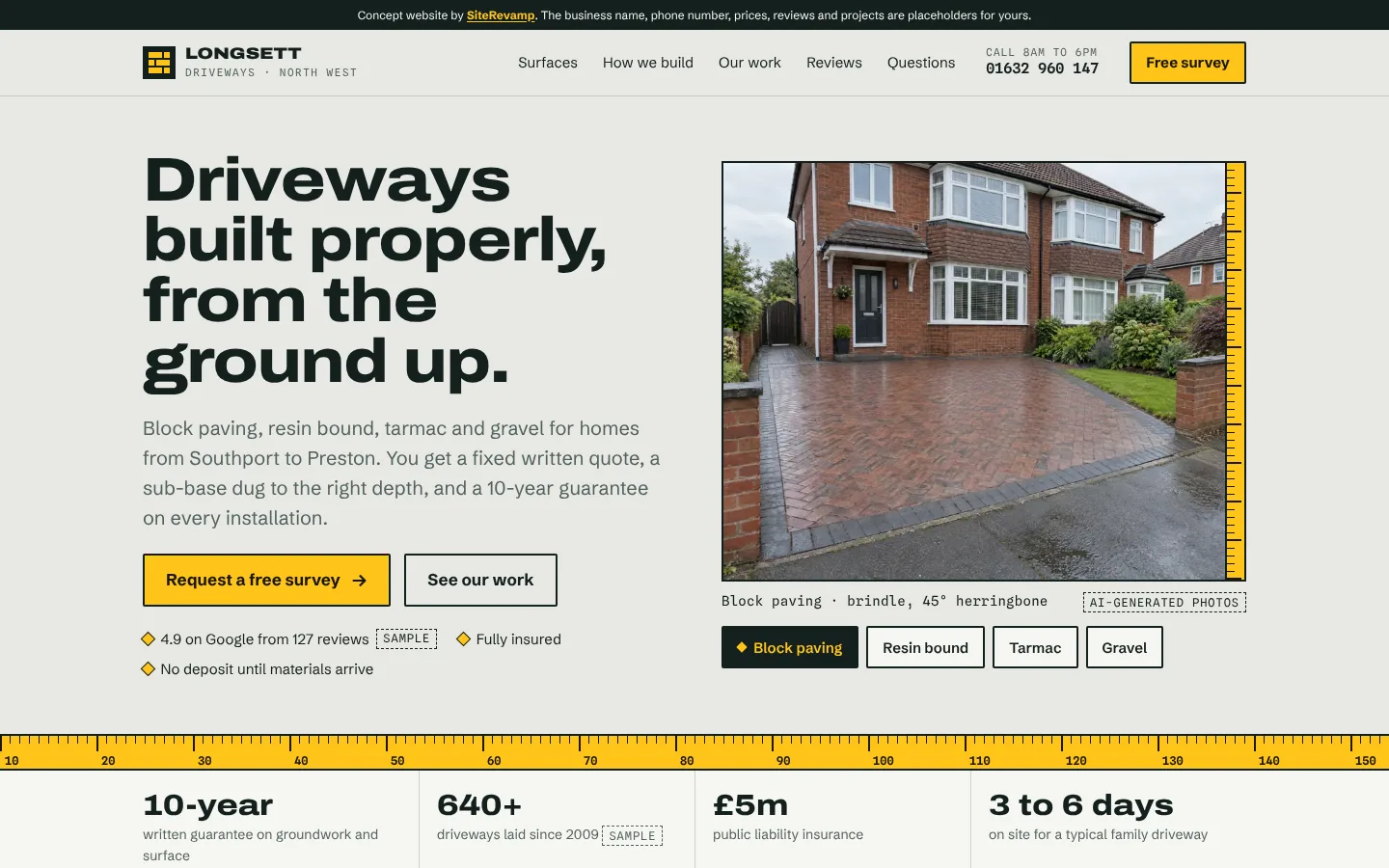 The Longsett Driveways example site on a desktop screen