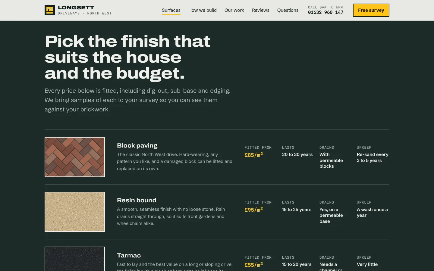 The surfaces section of the driveway example, comparing block paving, resin, tarmac and gravel