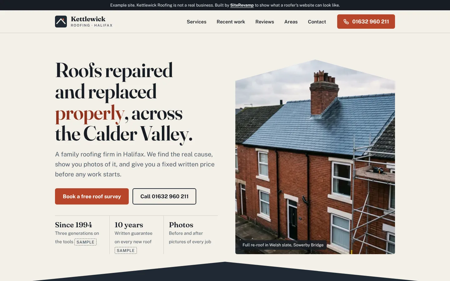 The top of the roofer example, with a photo of a newly slated terrace roof