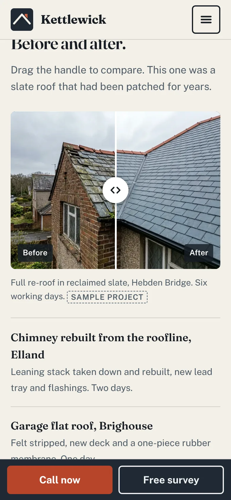 The before and after section of the roofer example on a phone