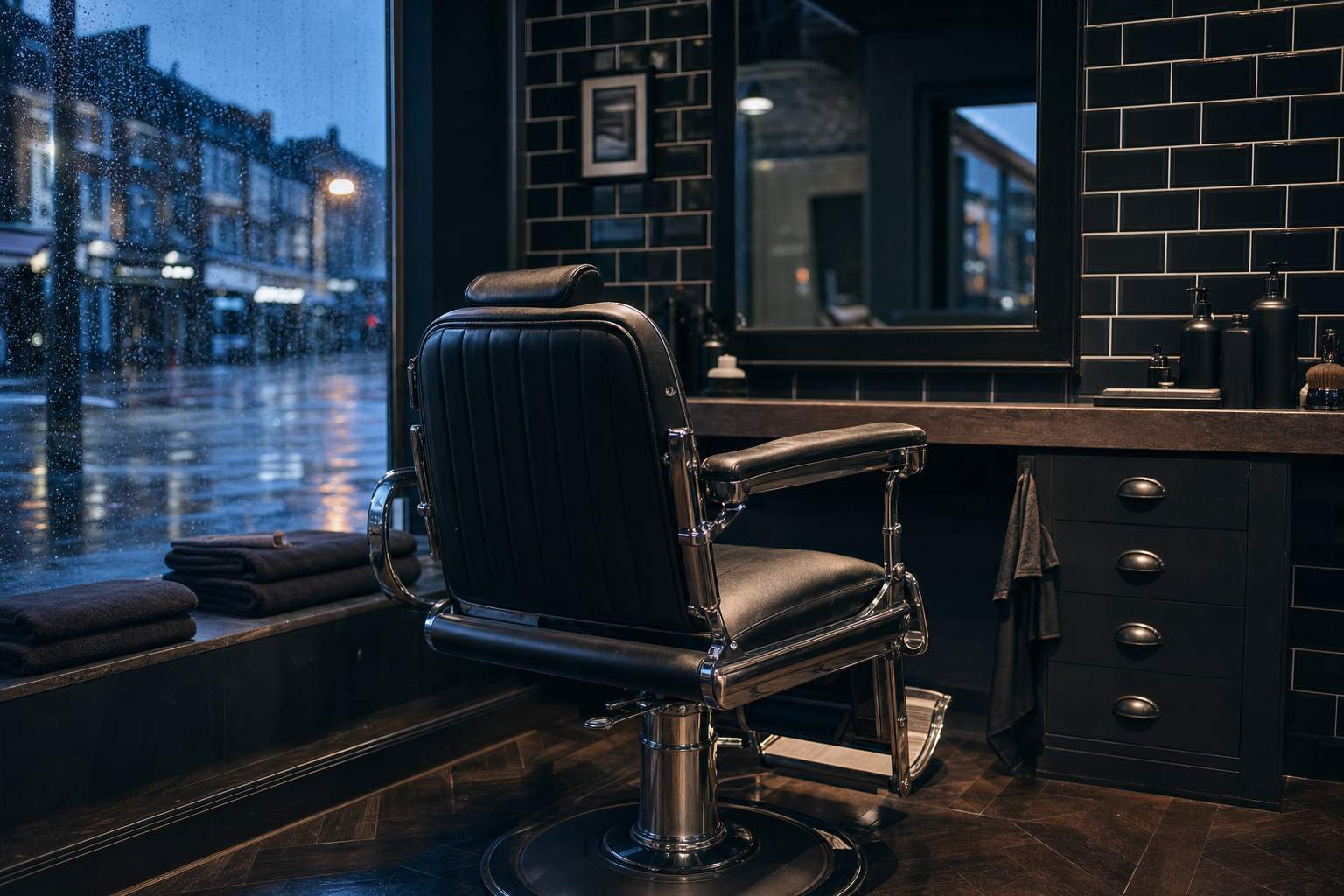 Rain-dark barbershop chair and mirror inside a North West shop