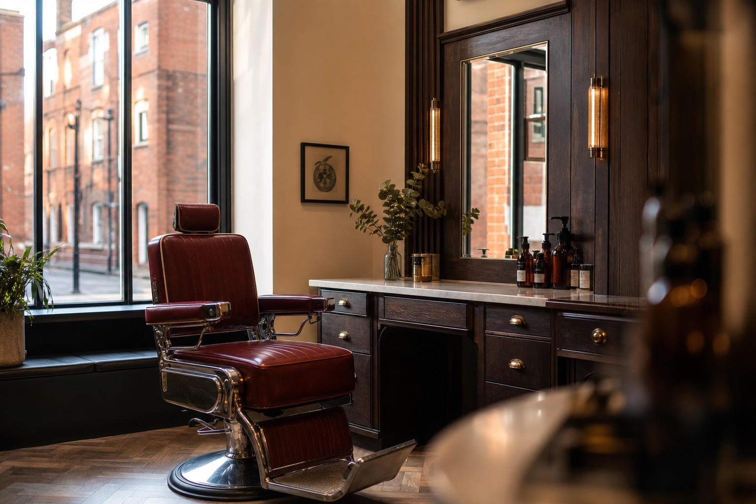 Warm burgundy barber chair and mirror station inside a modern high-street barbershop