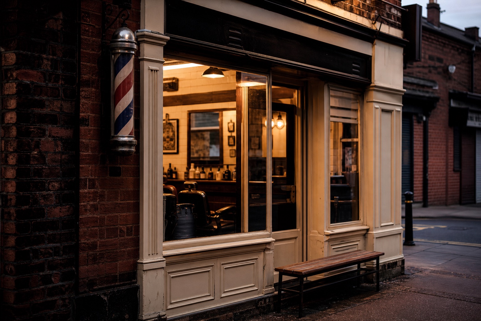 Warm barbershop exterior with no readable signage