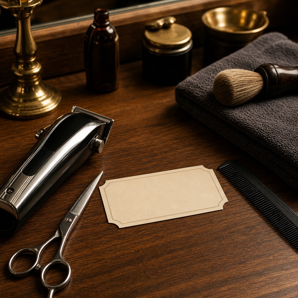 Clippers, scissors and barber tools on a wooden counter