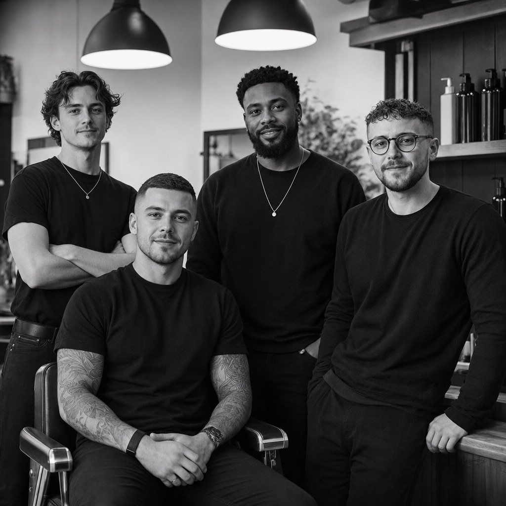 Black-and-white portrait of barbers in a shop setting