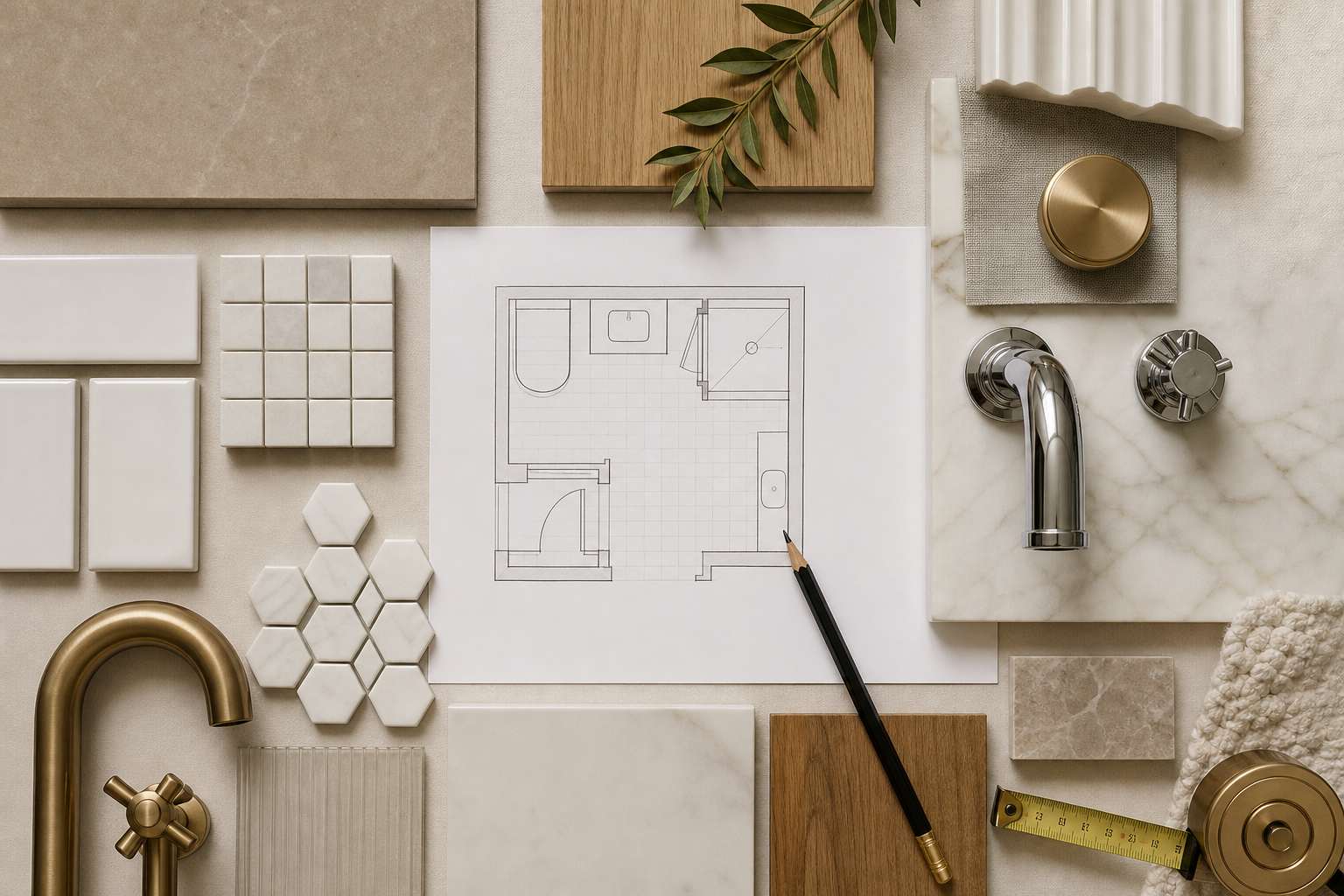 Bathroom material swatches and planning board
