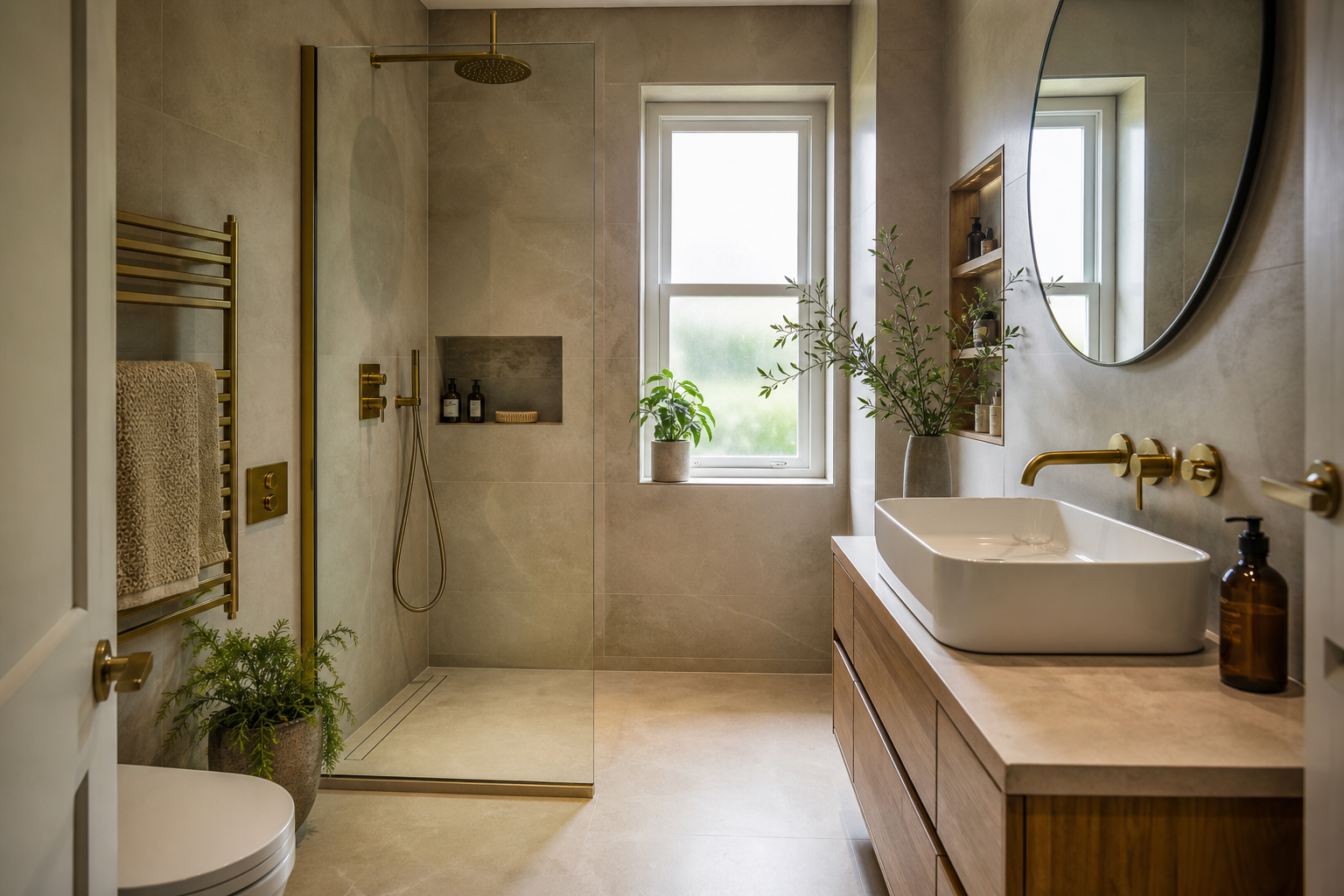 Crisp architectural bathroom with walk-in shower and black-brass detailing