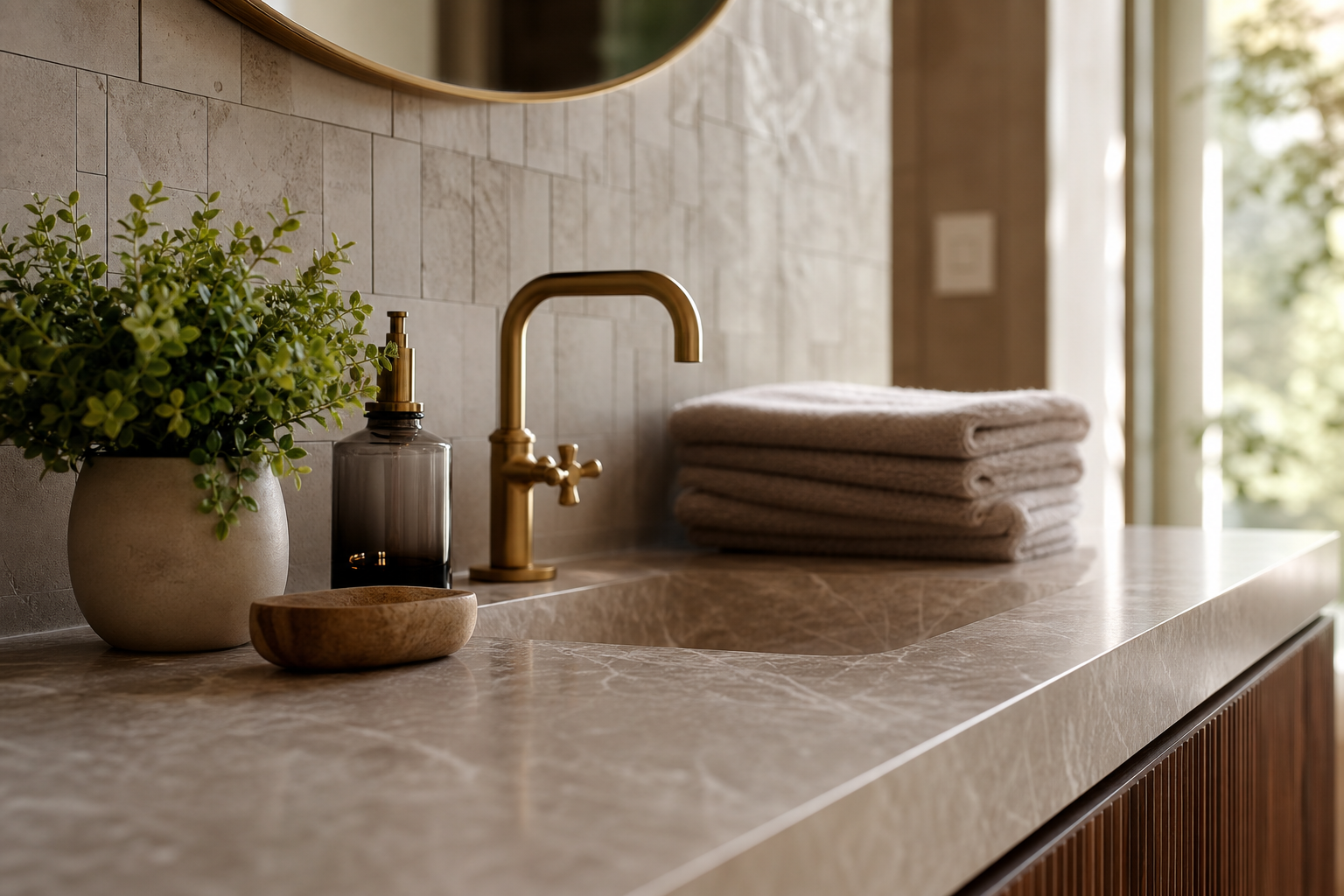 Warm bathroom vanity detail with plant and folded towel