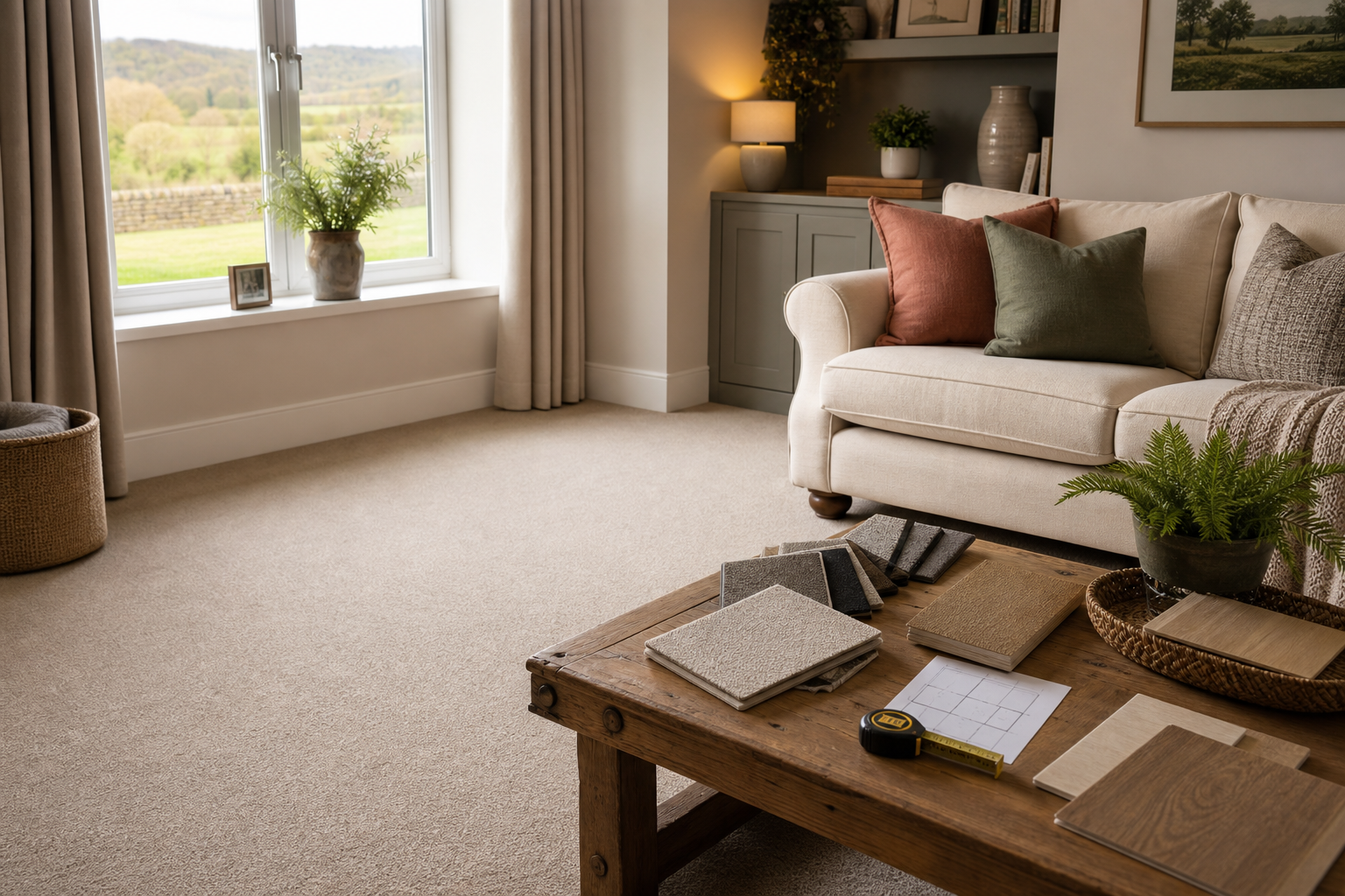 Warm lounge with fitted carpet, flooring samples and a tape measure for a home measure visit
