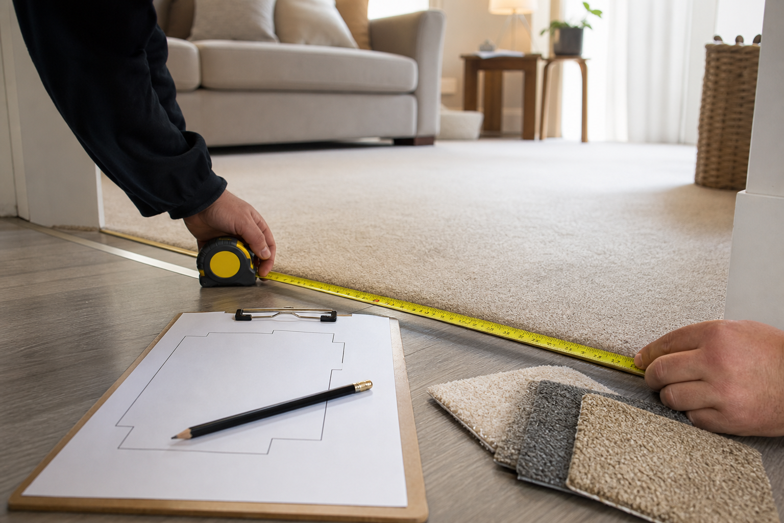Tape measure, blank room plan and carpet samples during a home flooring measure