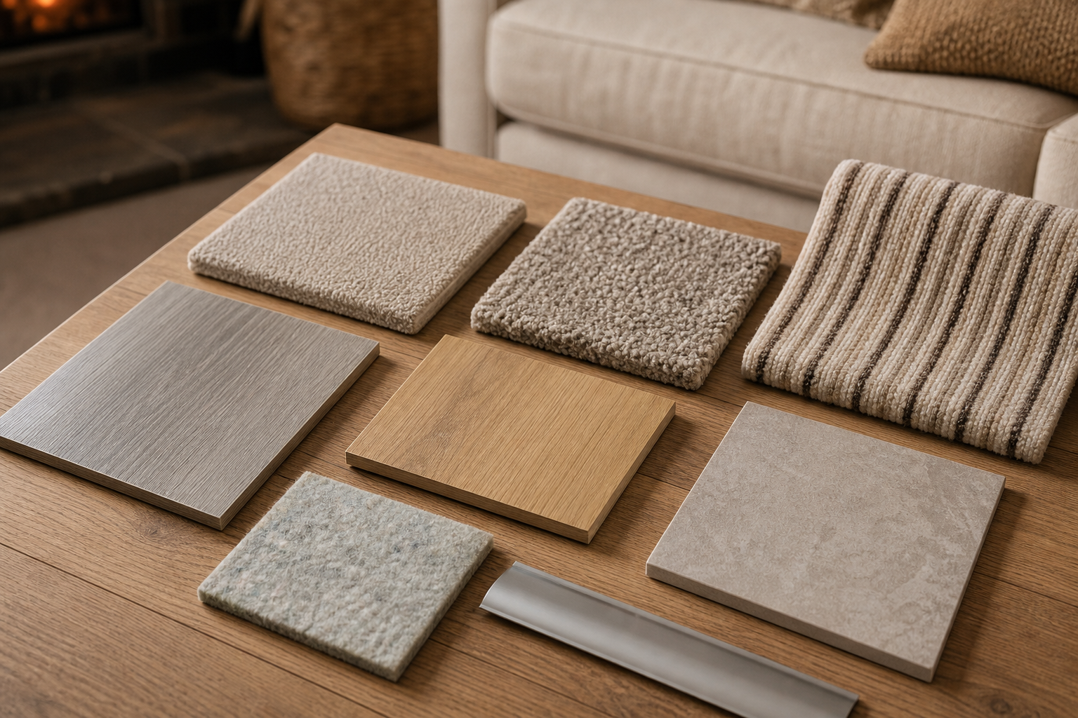 Flooring sample board with carpet, runner, LVT, laminate, vinyl and trim textures