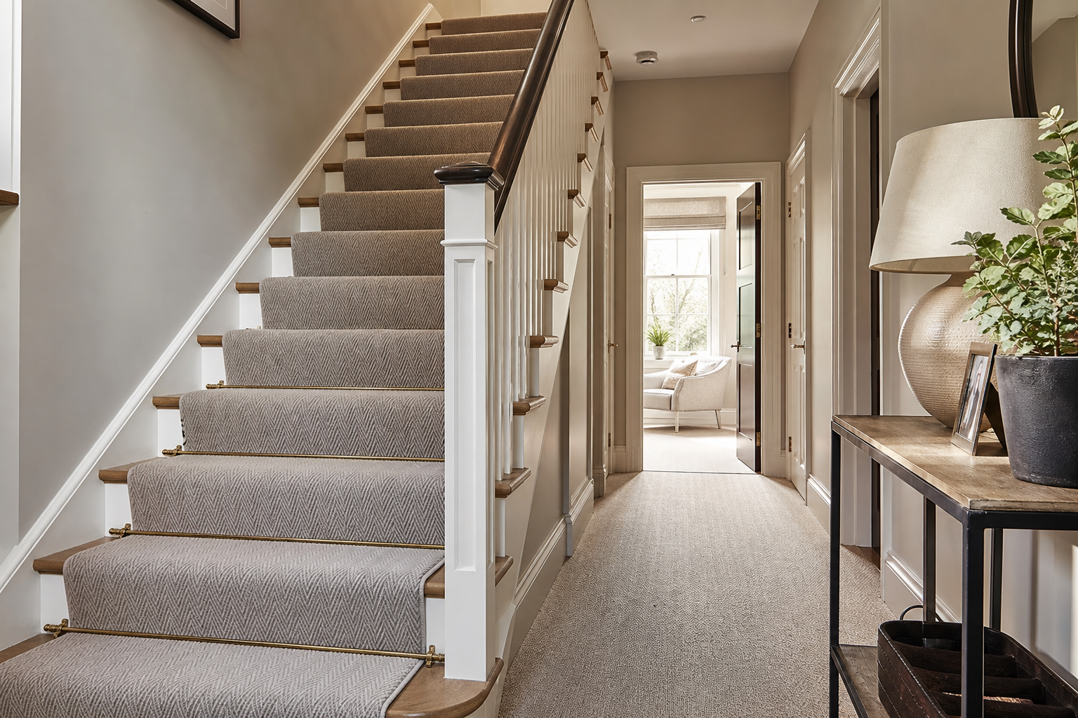 Freshly fitted stair runner and landing carpet in a warm home hallway