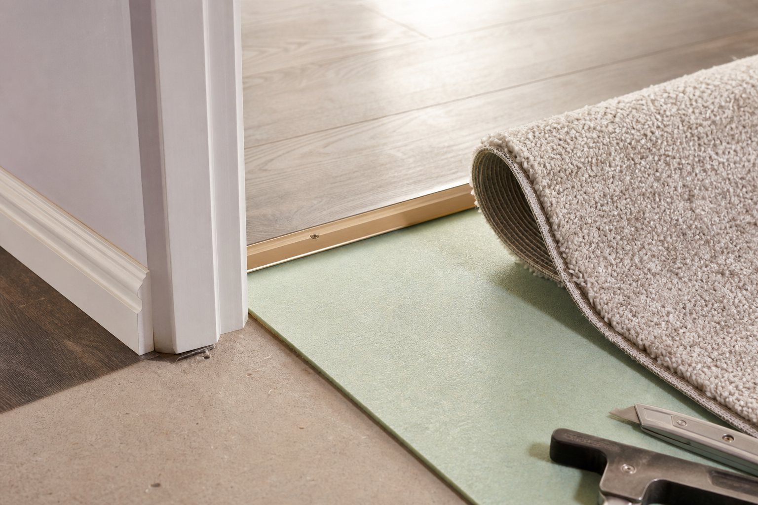 Underlay, carpet edge and doorway threshold detail during fitting preparation