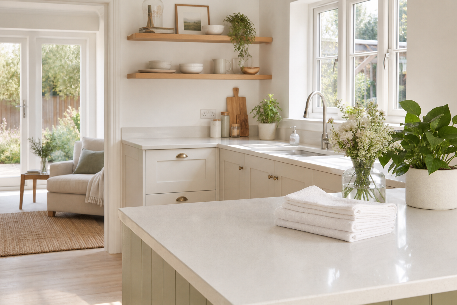 Sunlit clean kitchen with pale oak and folded towels
