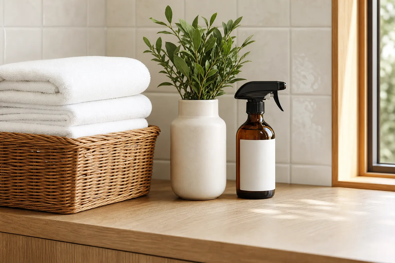 Folded towels, plant and blank amber spray bottle