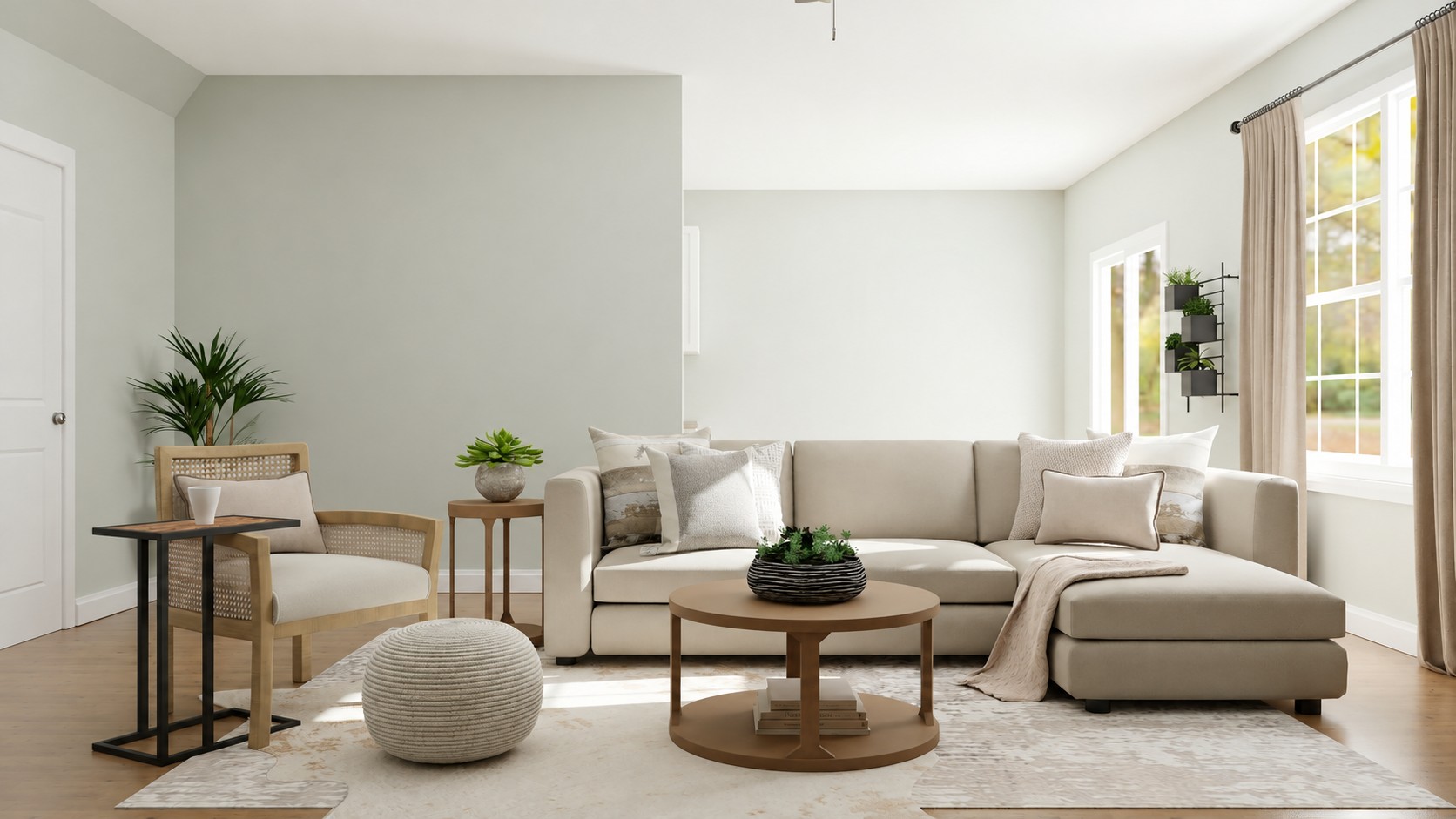Soft grey walls and pale upholstery in a bright, layered sitting room