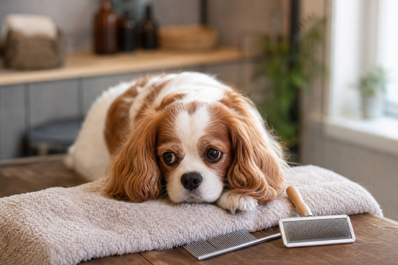 Cavalier resting calmly on a soft towel with grooming brushes nearby