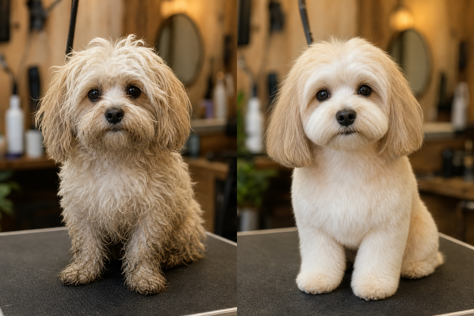 Before and after coat-care story from muddy coat to tidy groom