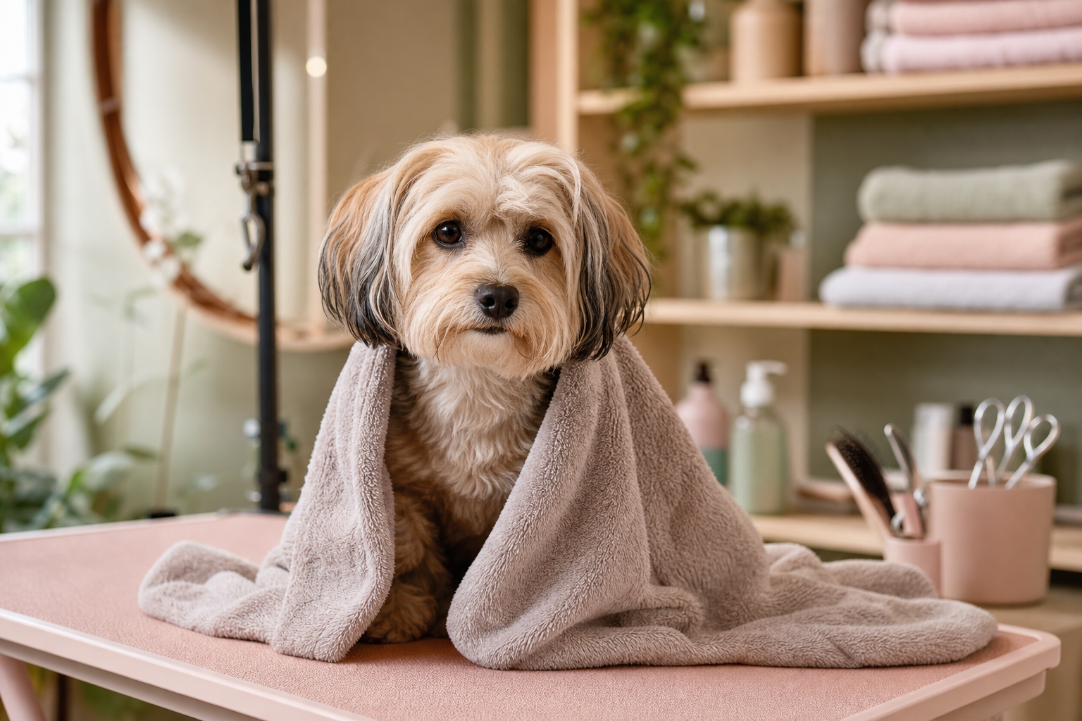 Small dog wrapped in a towel after a gentle bath