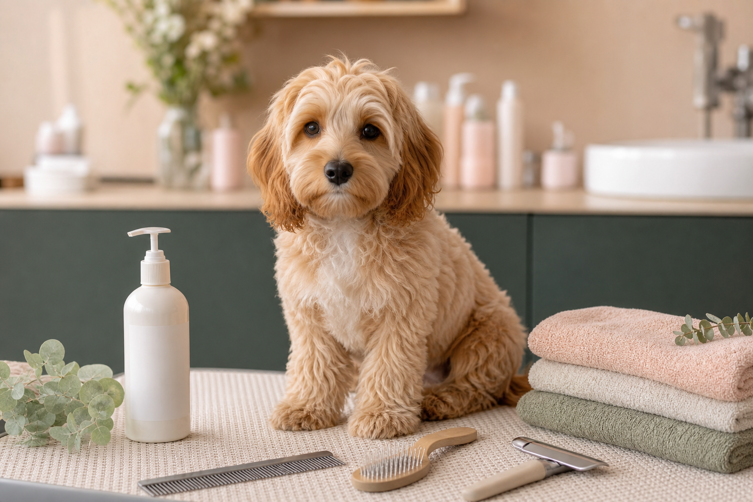 Calm puppy beside folded towels and grooming tools