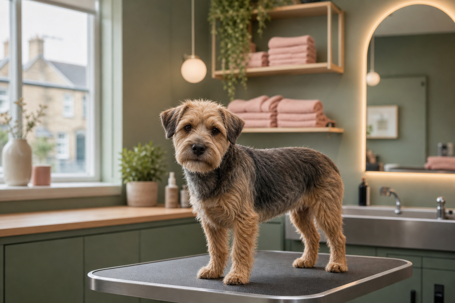 Calm terrier standing on a grooming table in a warm sage salon