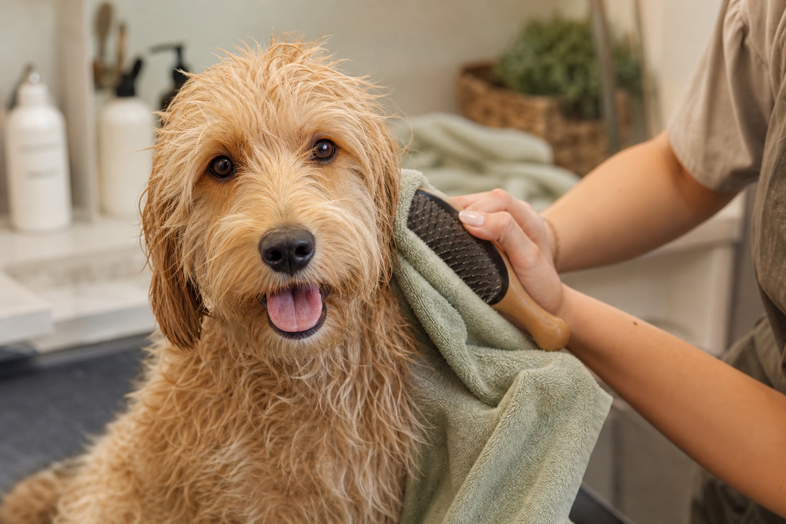 Wet dog being gently towel dried and brushed