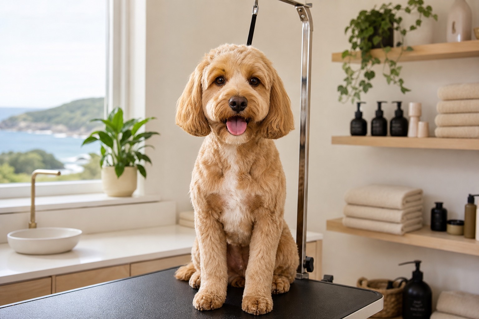 Happy freshly groomed dog in a bright natural grooming studio