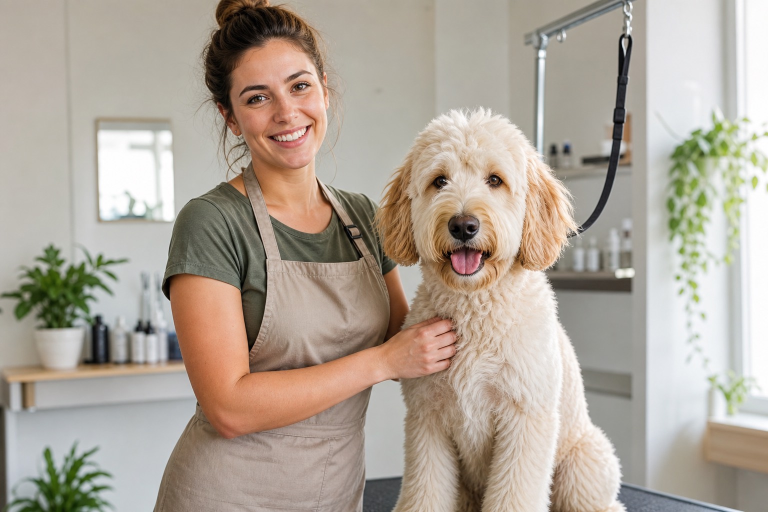 Professional groomer standing beside a calm dog in a clean grooming studio