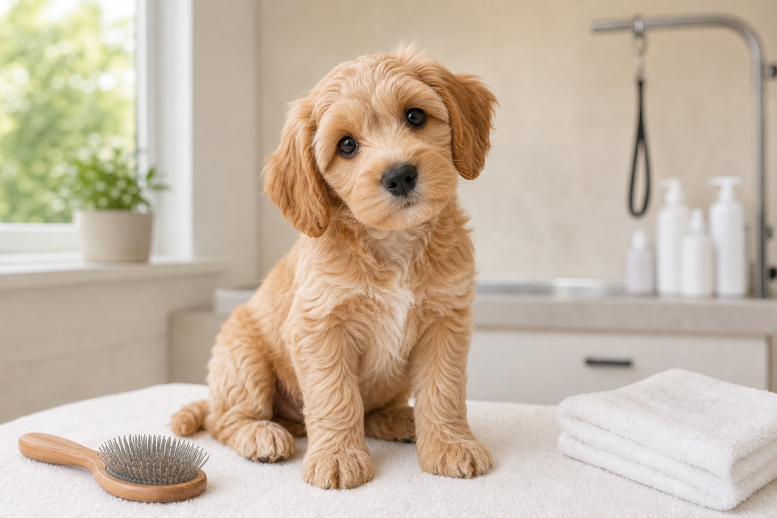 Small puppy sitting calmly on a grooming towel