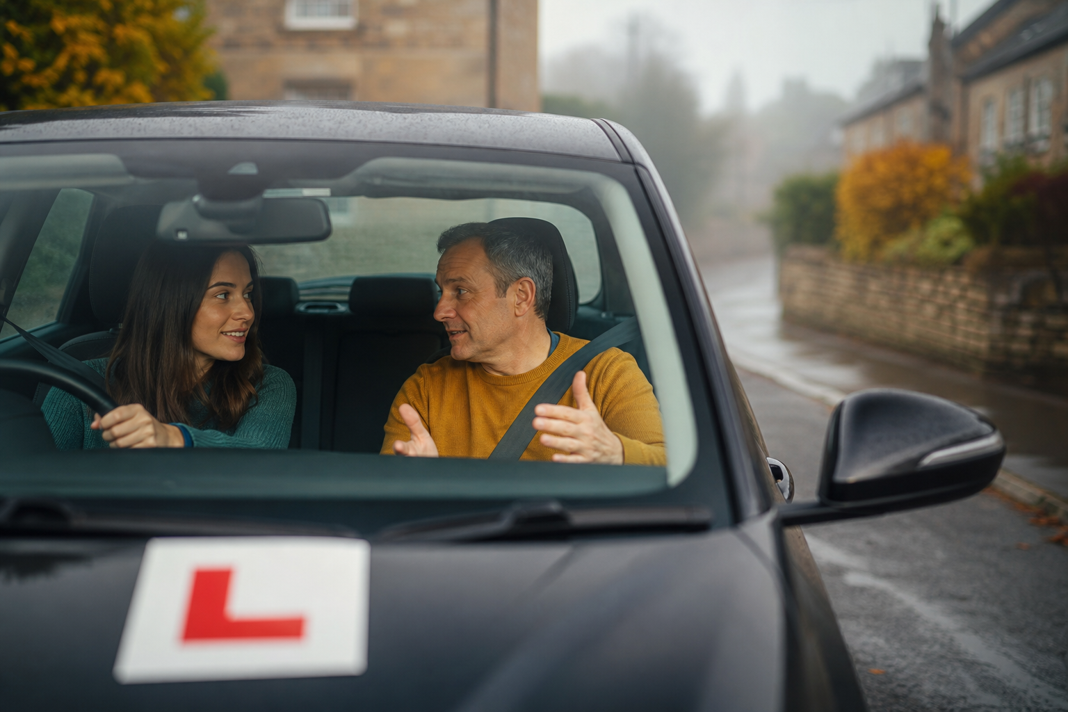Calm driving instructor and learner in a car on a misty North West road