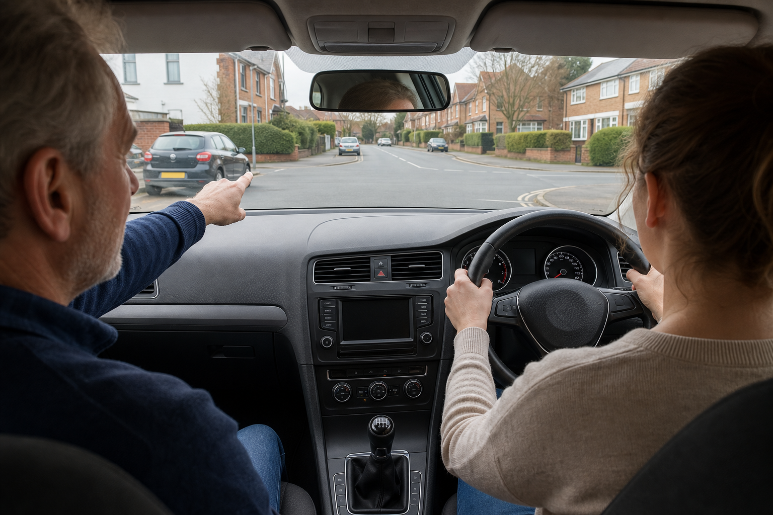 Instructor calmly explaining a quiet residential junction from inside a learner car