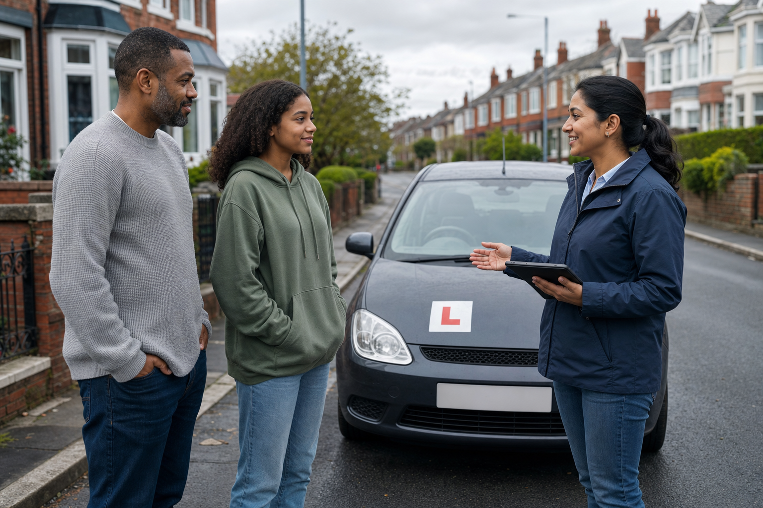 Parent and learner talking with a friendly instructor beside a learner car