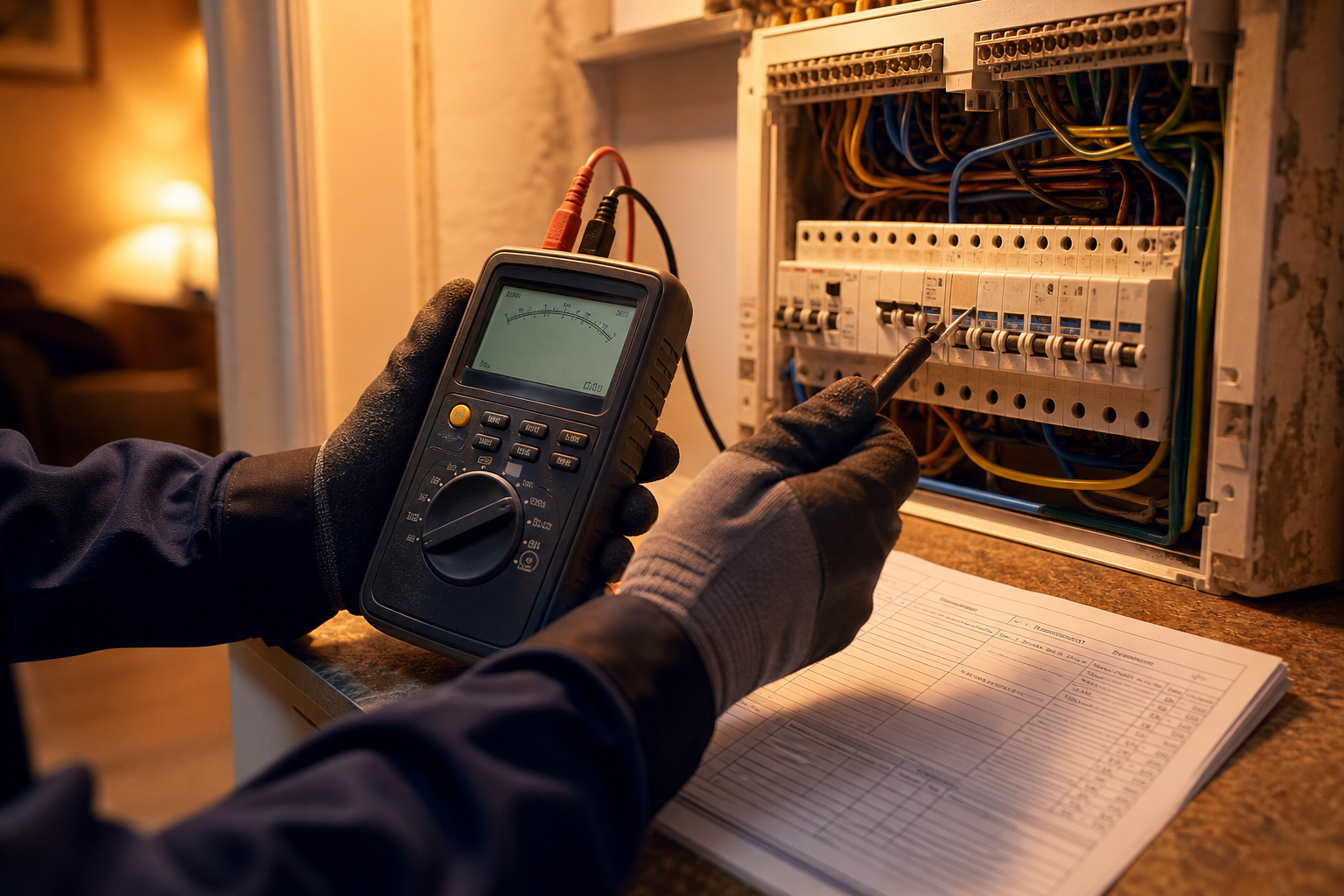 Electrical safety check equipment beside an open distribution board