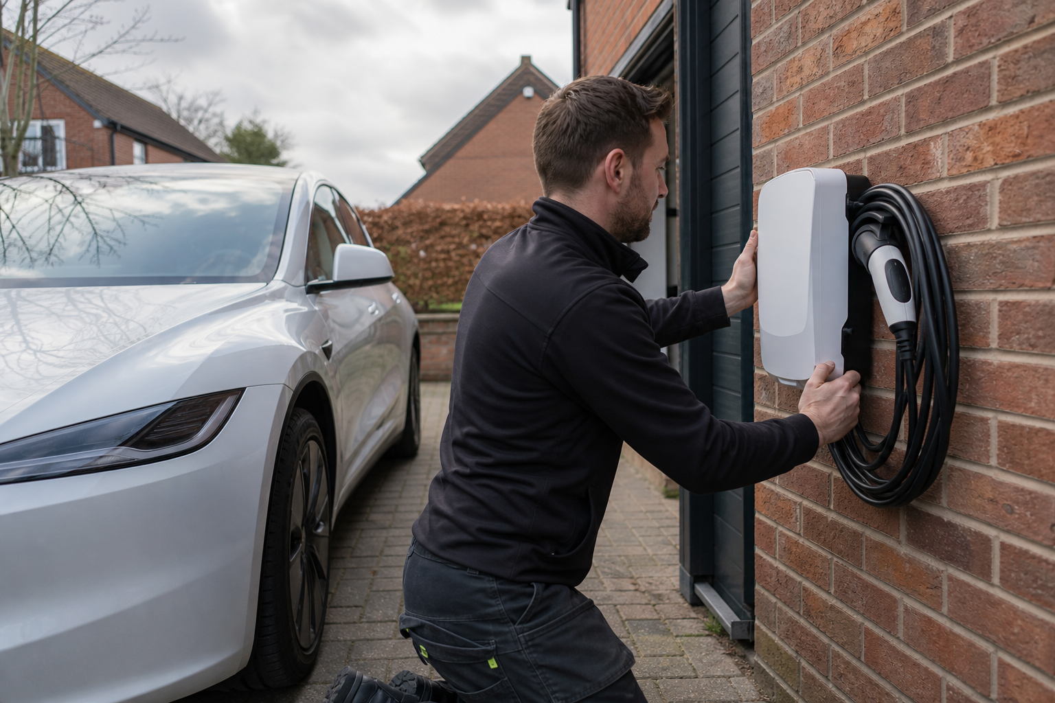 Unbranded EV charger installation beside a car on a UK driveway