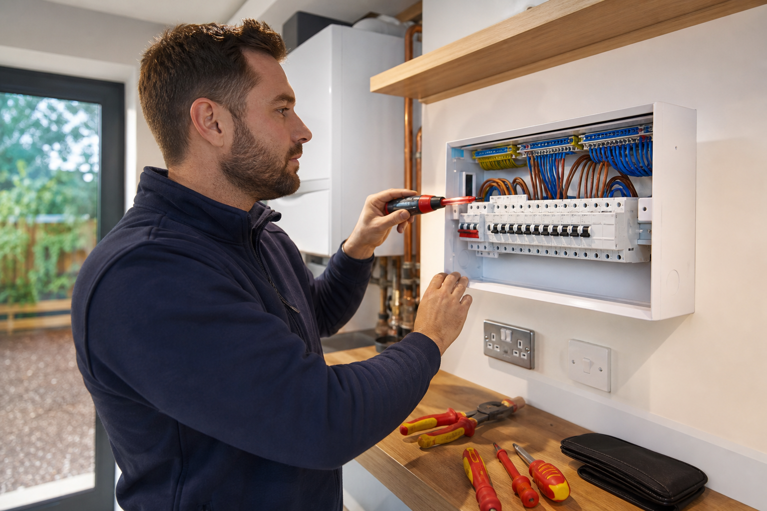 Electrician checking a fuse board in a tidy UK property