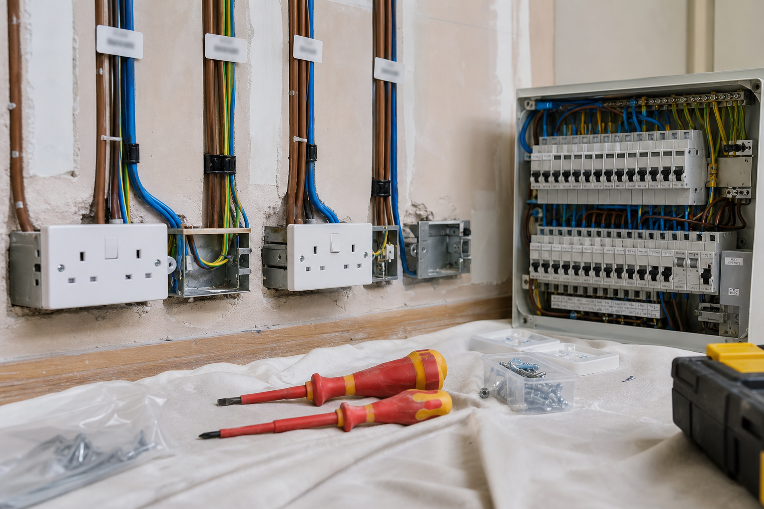 Consumer unit wiring, sockets, dust sheets and tools during planned electrical work