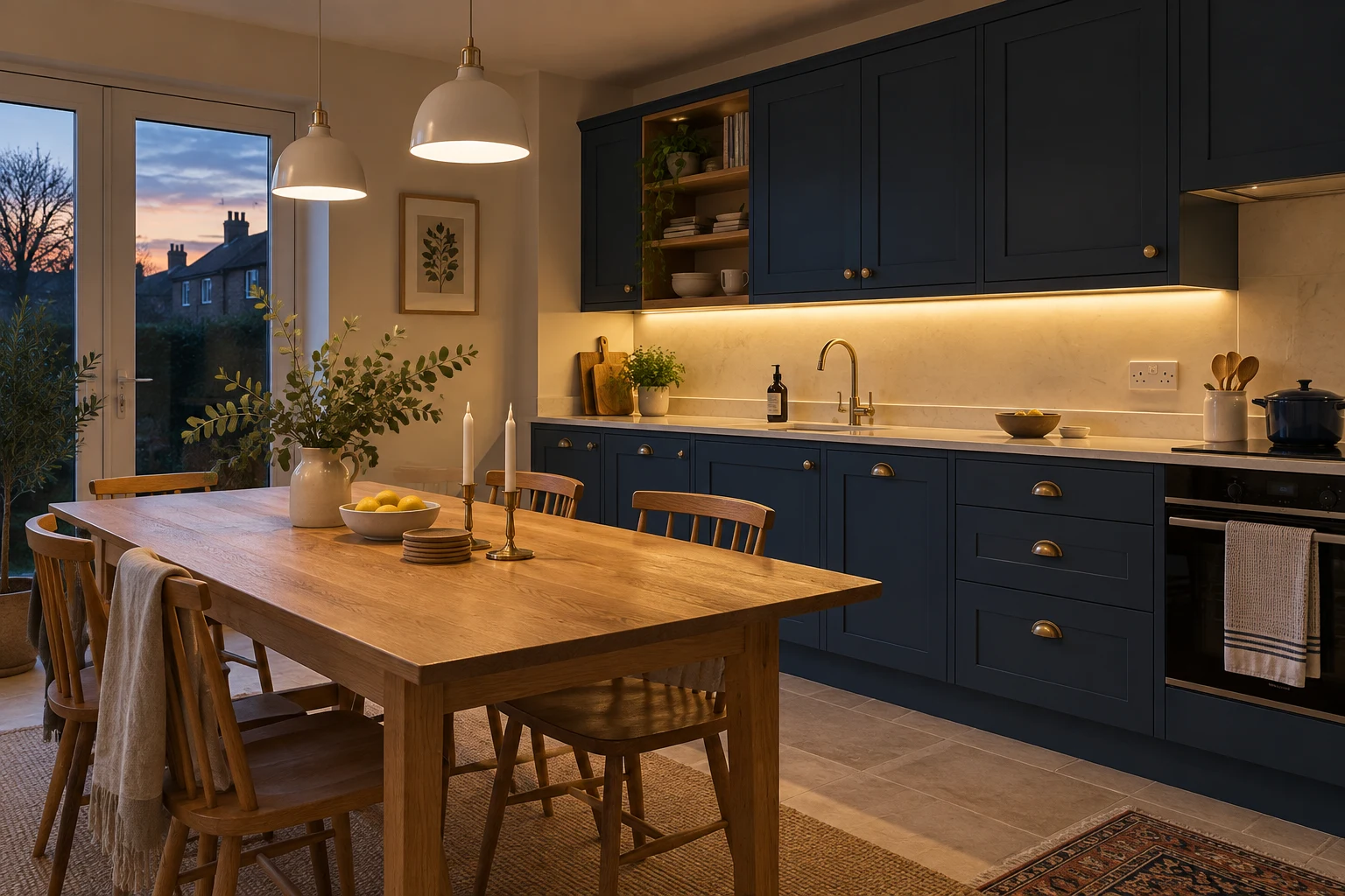 Warm pendant and worktop lighting in a blue kitchen