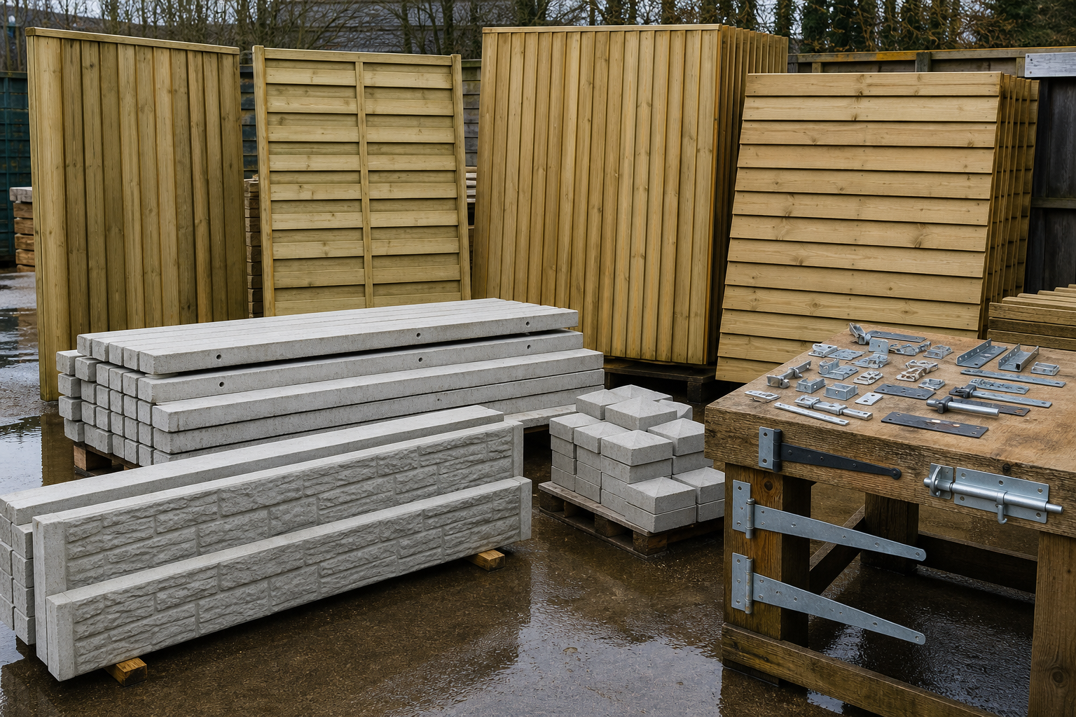 Fencing panels, concrete posts, gravel boards and gate hardware in a wet materials yard