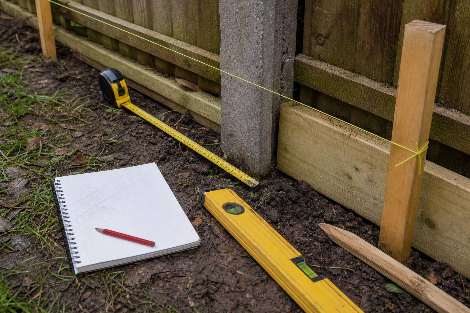 Tape measure, string line and level used for fence survey