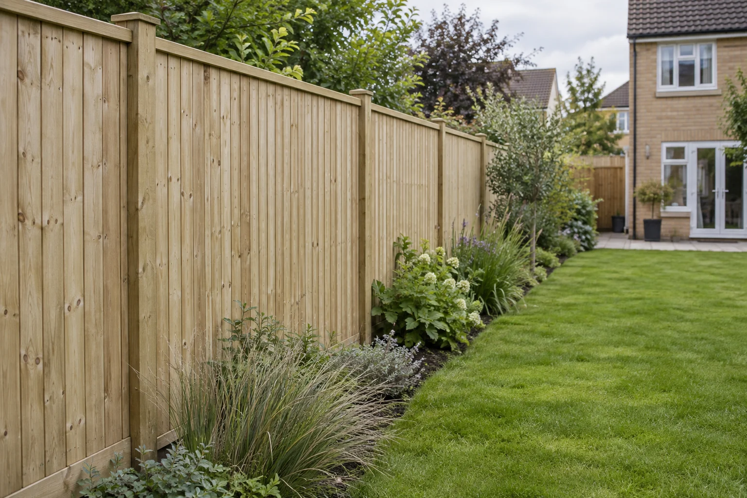 Illustrative timber fence bordering a planted garden