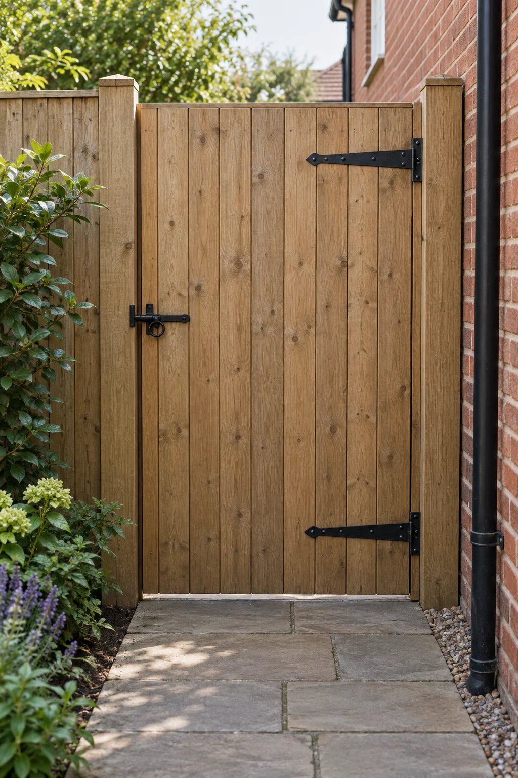 Illustrative timber gate with black hinges and latch