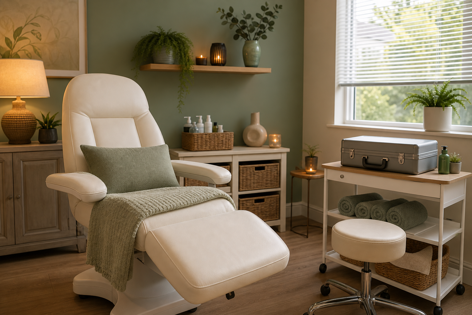 A calm cream and sage private appointment room with chair and clean setup.