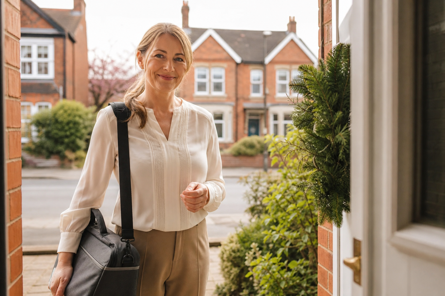 Friendly foot health practitioner arriving at a home doorway with a professional bag.