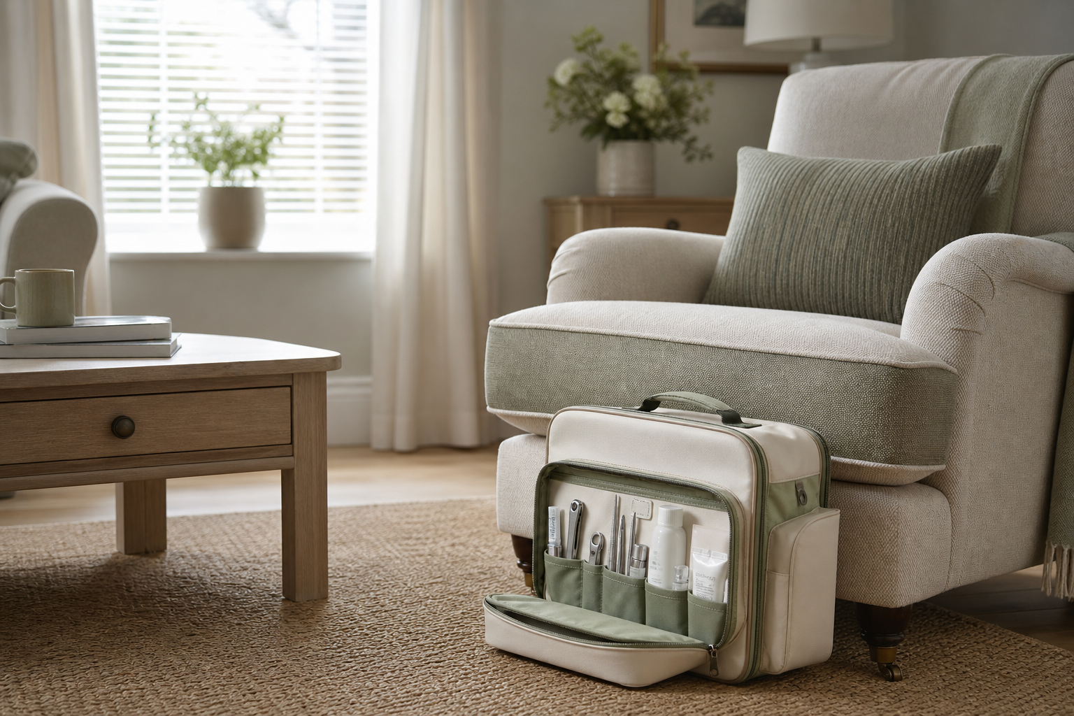 Home visit bag beside a comfortable chair in a warm living room.