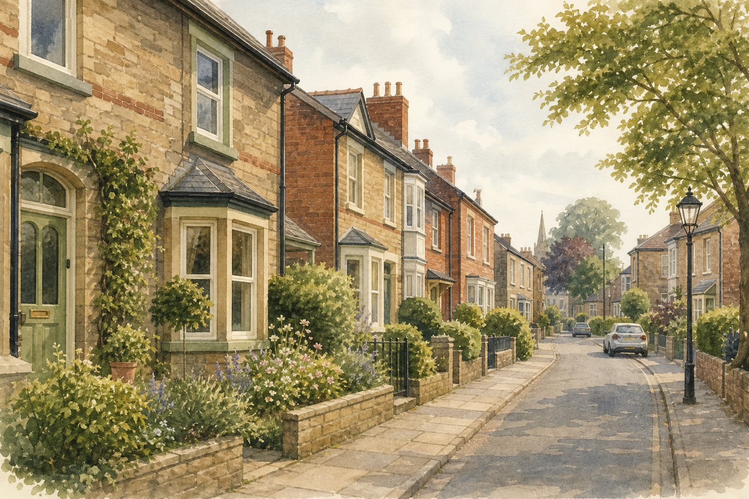 Soft illustration of a North West England residential street with warm houses and greenery.