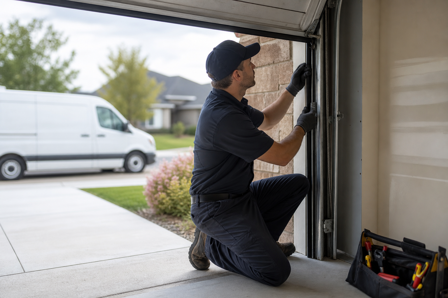 Garage door repair visit on a residential driveway
