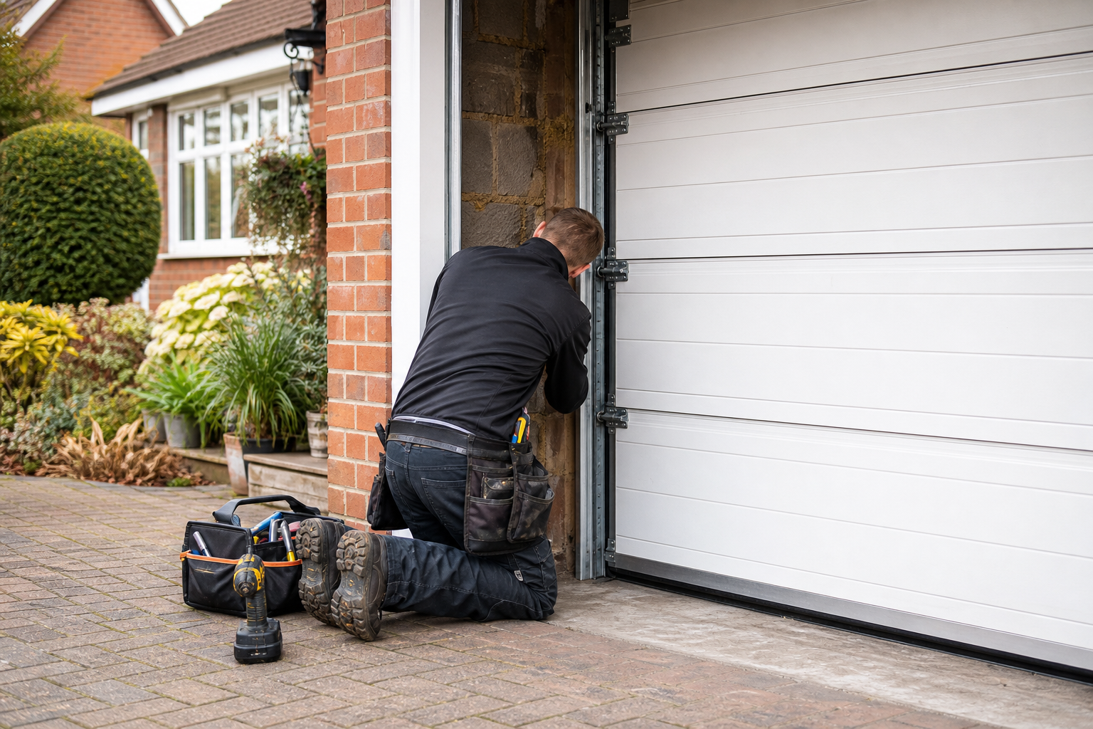 Technician inspecting garage door track during a repair visit