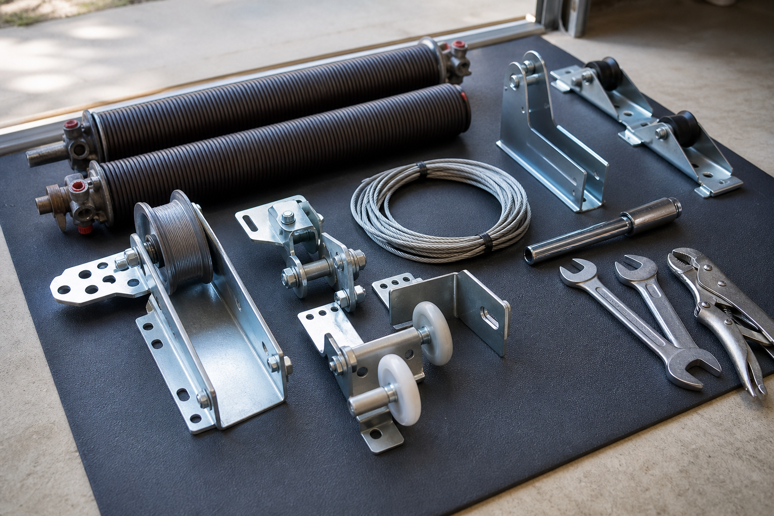Garage door repair parts and tools arranged for inspection