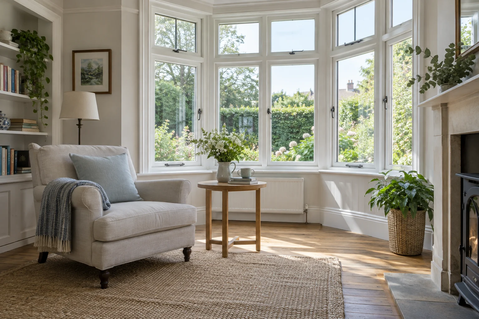 Illustrative bright bay-window sitting room